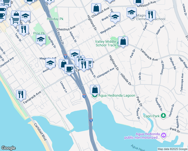 map of restaurants, bars, coffee shops, grocery stores, and more near 3969 Adams Street in Carlsbad
