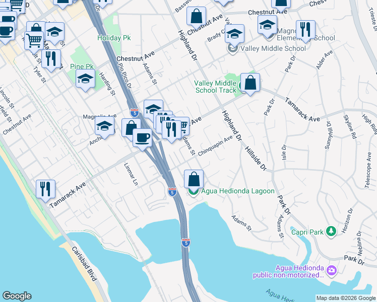 map of restaurants, bars, coffee shops, grocery stores, and more near 3969 Adams Street in Carlsbad