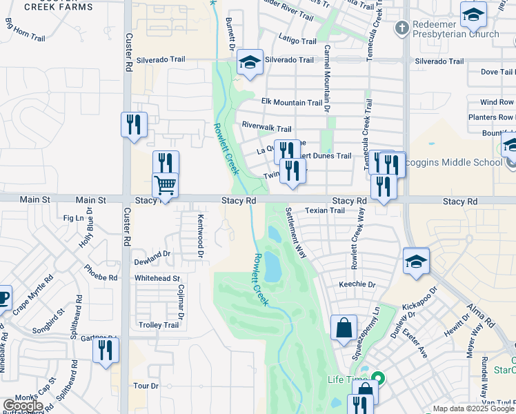 map of restaurants, bars, coffee shops, grocery stores, and more near 8411 Stacy Road in McKinney