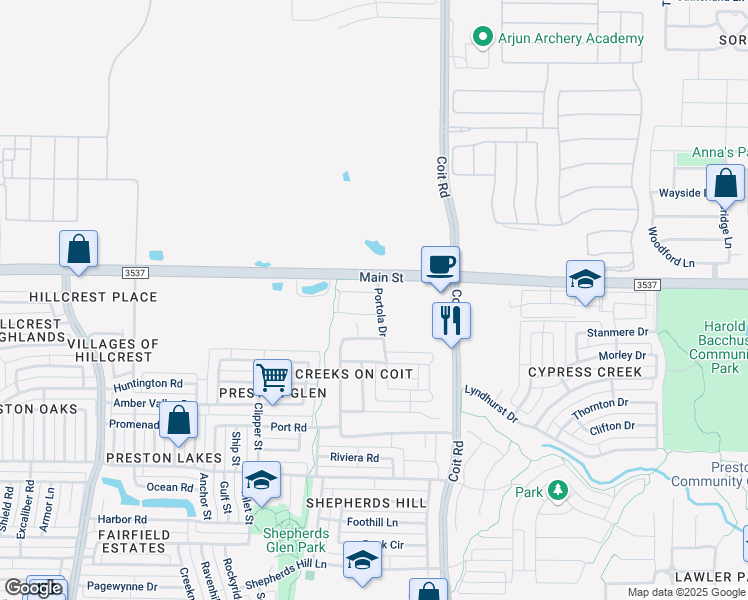 map of restaurants, bars, coffee shops, grocery stores, and more near 12333 Main Street in Frisco