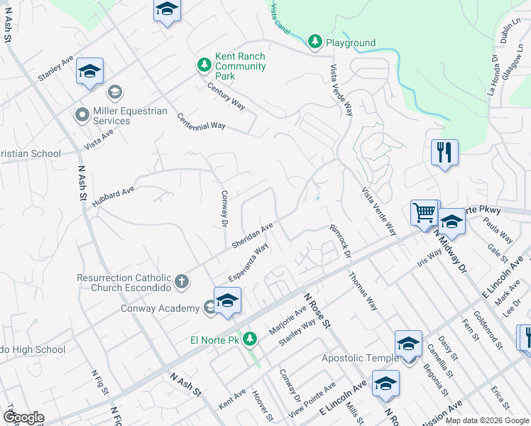 map of restaurants, bars, coffee shops, grocery stores, and more near 1526 Esperanza Way in Escondido