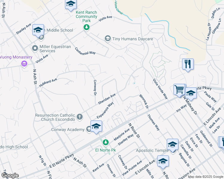 map of restaurants, bars, coffee shops, grocery stores, and more near 1526 Esperanza Way in Escondido