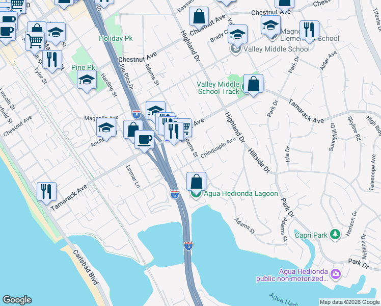 map of restaurants, bars, coffee shops, grocery stores, and more near 3969 Adams Street in Carlsbad