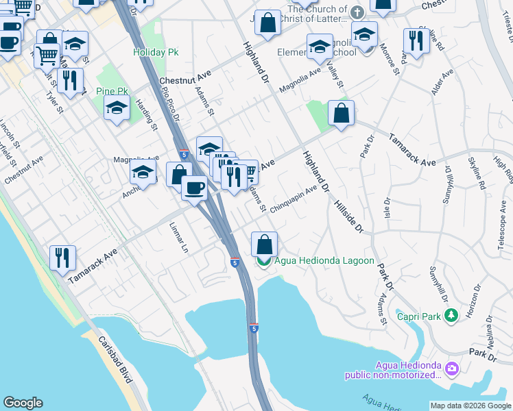 map of restaurants, bars, coffee shops, grocery stores, and more near 3969 Adams Street in Carlsbad