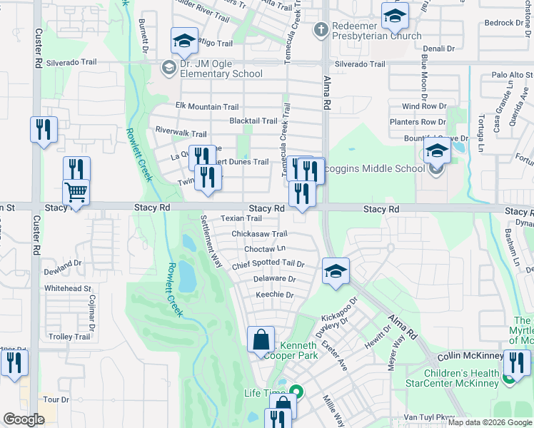 map of restaurants, bars, coffee shops, grocery stores, and more near 7901 Texian Trail in McKinney