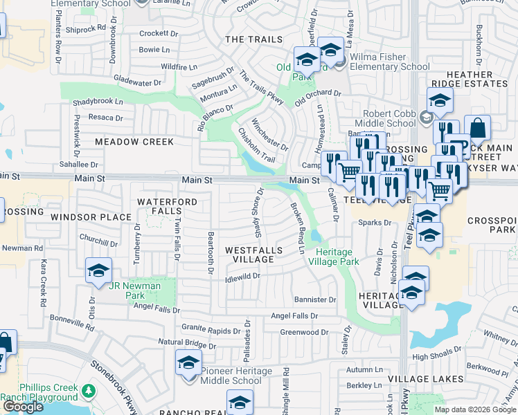 map of restaurants, bars, coffee shops, grocery stores, and more near 2101 Copperfield Court in Frisco