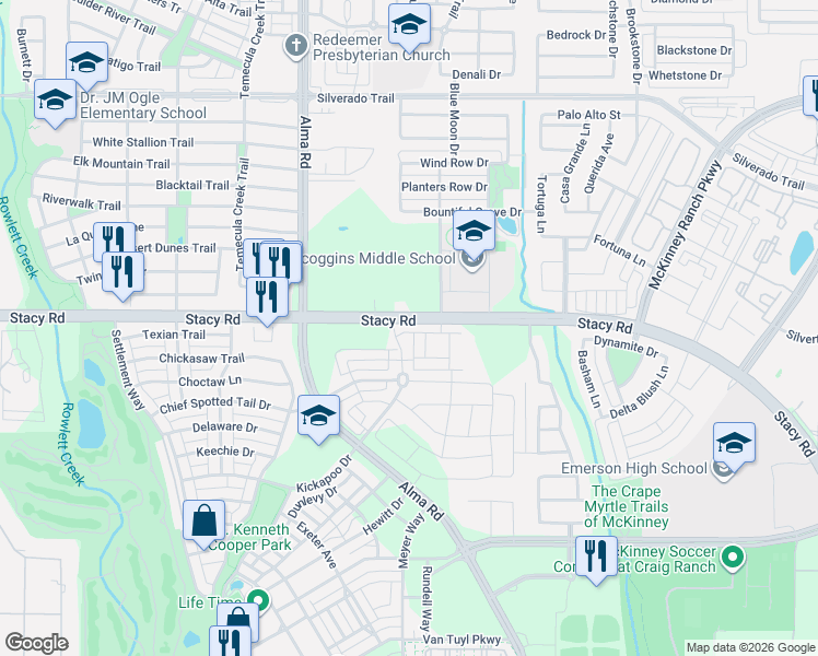 map of restaurants, bars, coffee shops, grocery stores, and more near 7201 Stacy Road in McKinney