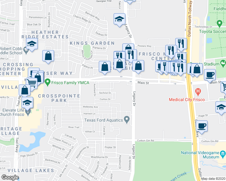 map of restaurants, bars, coffee shops, grocery stores, and more near 4388 Sechrist Drive in Frisco
