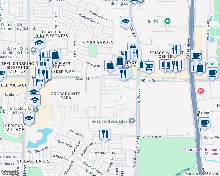map of restaurants, bars, coffee shops, grocery stores, and more near 4202 Sechrist Drive in Frisco