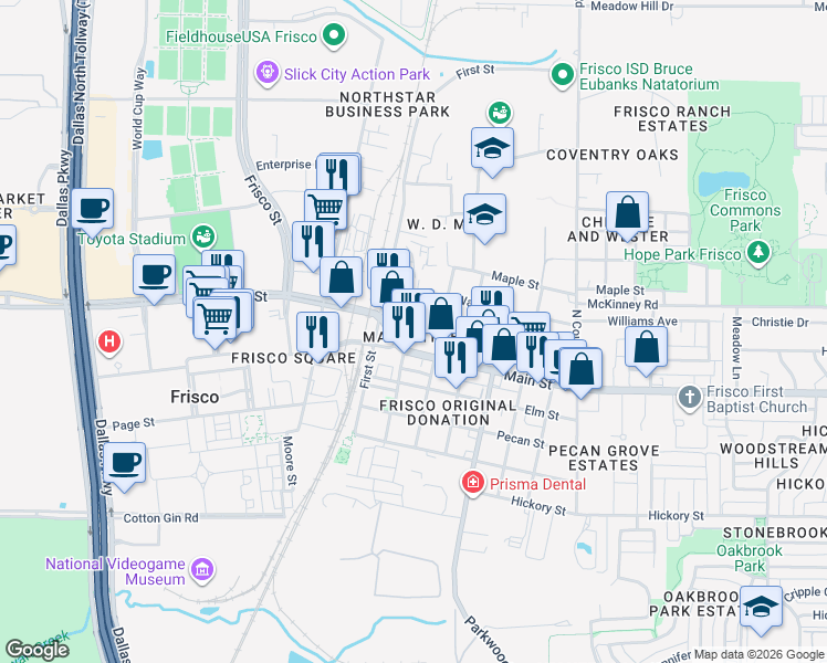 map of restaurants, bars, coffee shops, grocery stores, and more near 8961 3rd Street in Frisco