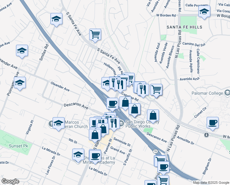 map of restaurants, bars, coffee shops, grocery stores, and more near 120 North Rancho Santa Fe Road in San Marcos