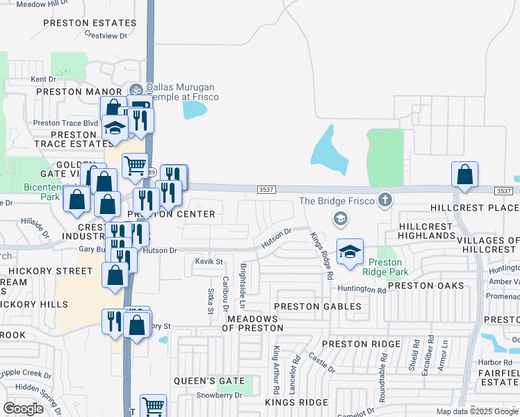 map of restaurants, bars, coffee shops, grocery stores, and more near Hutson Drive in Frisco