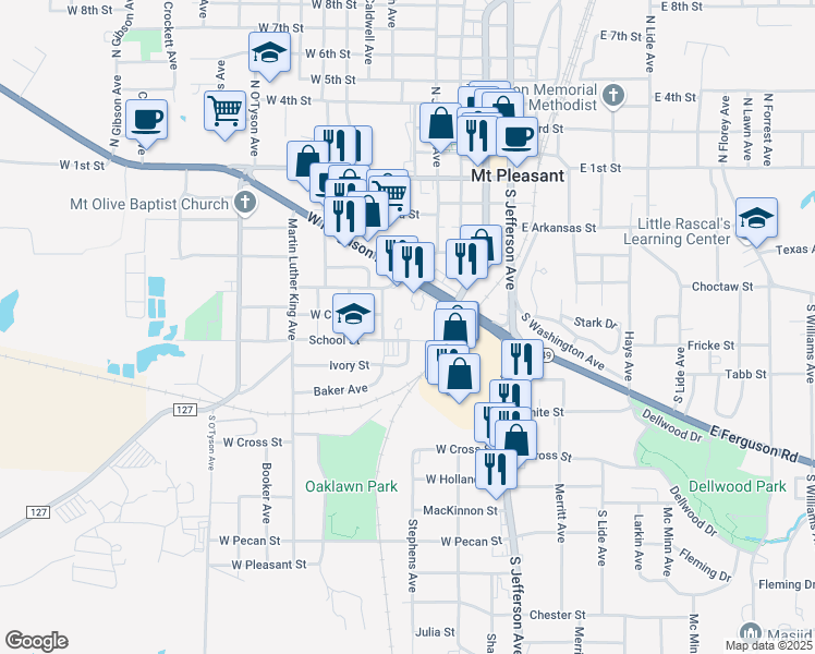 map of restaurants, bars, coffee shops, grocery stores, and more near 602 School Street in Mount Pleasant