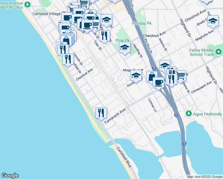 map of restaurants, bars, coffee shops, grocery stores, and more near 385 Juniper Avenue in Carlsbad