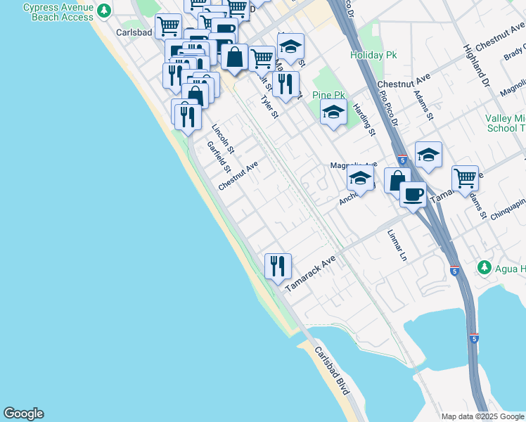 map of restaurants, bars, coffee shops, grocery stores, and more near 3564 Garfield Street in Carlsbad