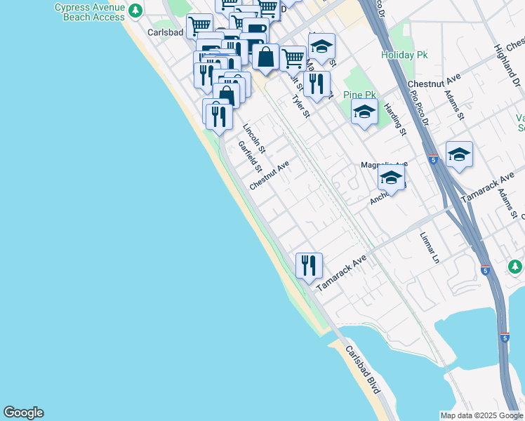 map of restaurants, bars, coffee shops, grocery stores, and more near 3490 Carlsbad Boulevard in Carlsbad