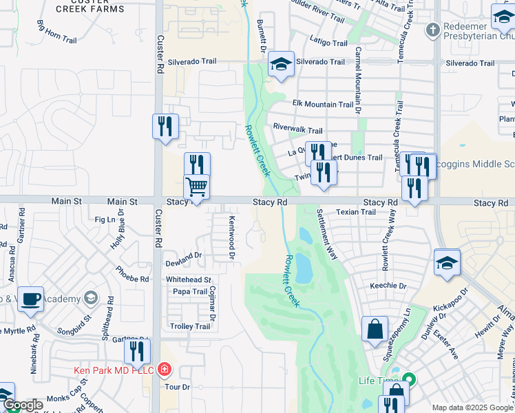 map of restaurants, bars, coffee shops, grocery stores, and more near 8529 West Stacy Road in McKinney