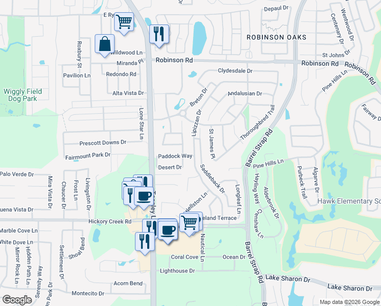 map of restaurants, bars, coffee shops, grocery stores, and more near 6301 English Saddle Lane in Denton