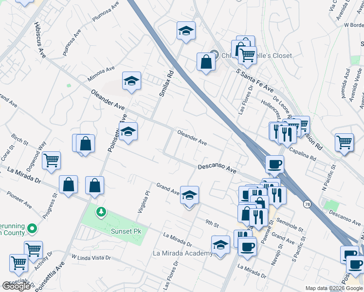map of restaurants, bars, coffee shops, grocery stores, and more near 3224 Descanso Avenue in San Marcos