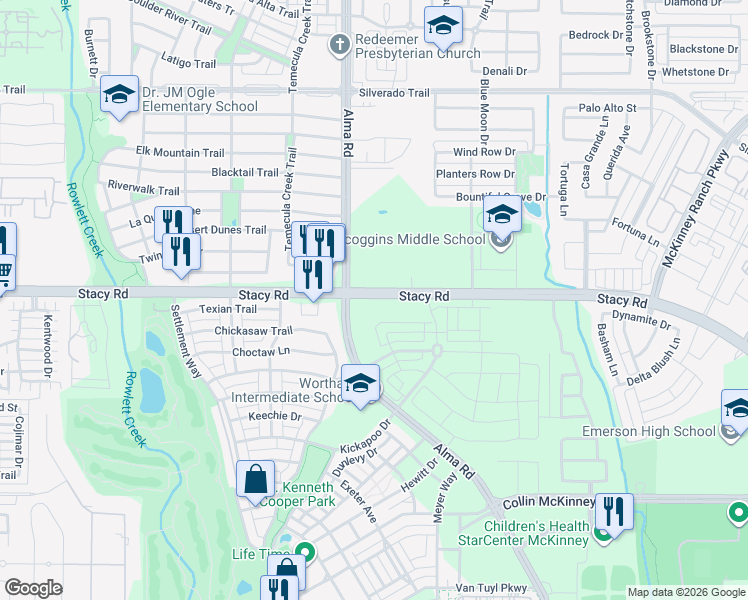 map of restaurants, bars, coffee shops, grocery stores, and more near 7250 Huckleberry Dr in McKinney