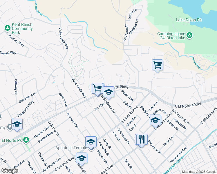 map of restaurants, bars, coffee shops, grocery stores, and more near 2103 Drew Road in Escondido