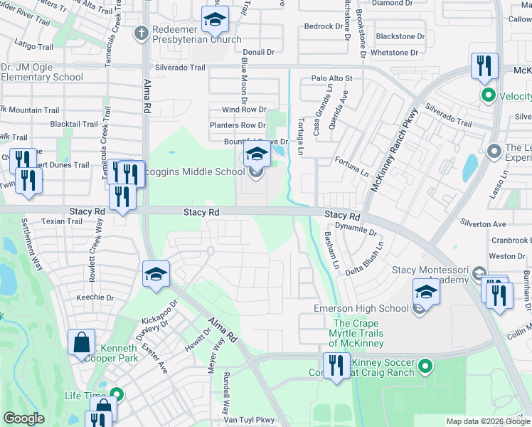 map of restaurants, bars, coffee shops, grocery stores, and more near 7051 Stacy Road in McKinney