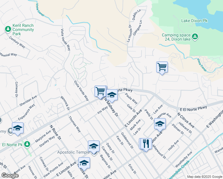 map of restaurants, bars, coffee shops, grocery stores, and more near 2103 Drew Road in Escondido