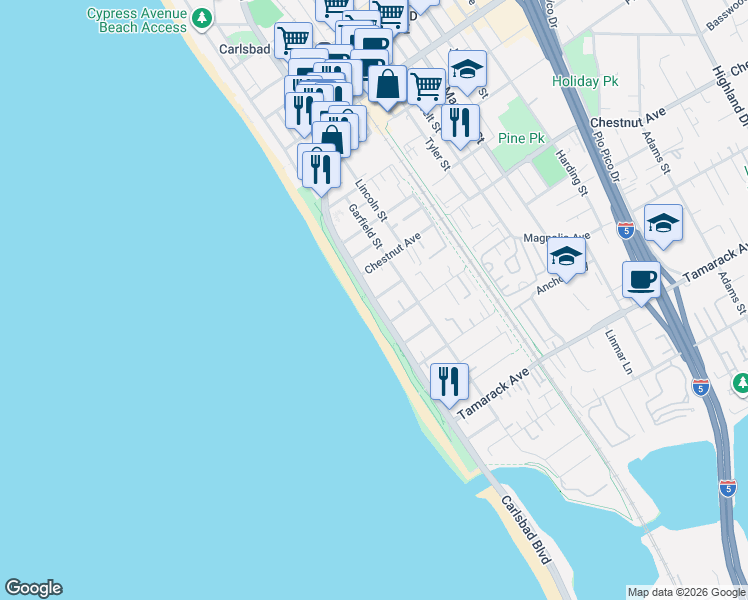 map of restaurants, bars, coffee shops, grocery stores, and more near 2 Maple Avenue in Carlsbad