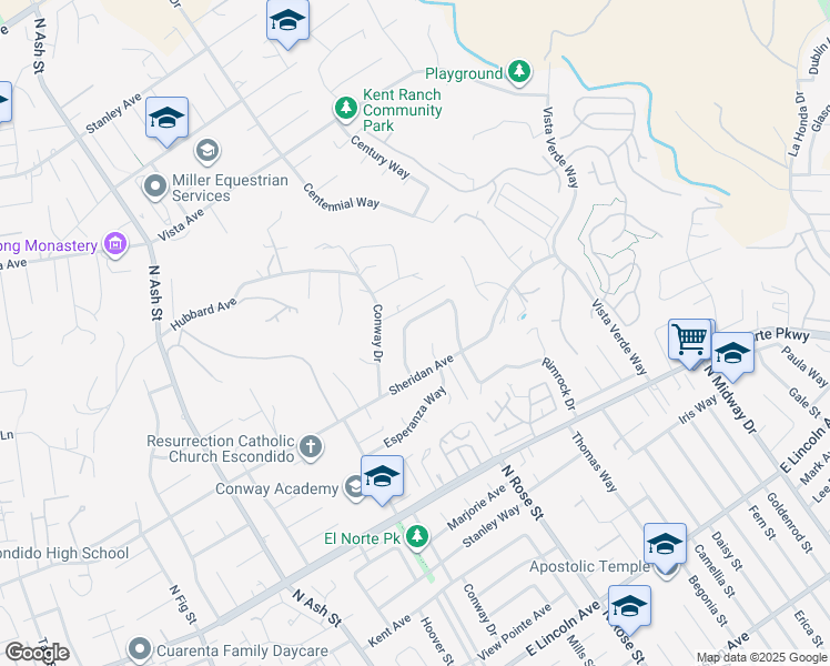 map of restaurants, bars, coffee shops, grocery stores, and more near 1572 Tibidabo Drive in Escondido