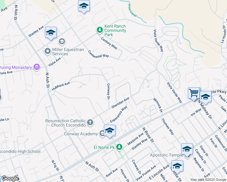 map of restaurants, bars, coffee shops, grocery stores, and more near 1557 Tibidabo Drive in Escondido