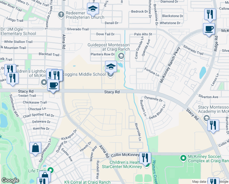 map of restaurants, bars, coffee shops, grocery stores, and more near 7051 Stacy Road in McKinney