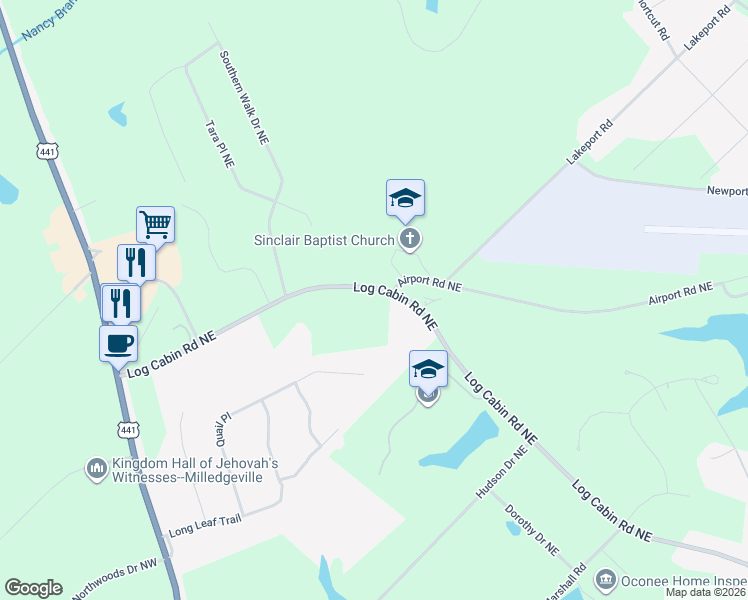 map of restaurants, bars, coffee shops, grocery stores, and more near 165 Log Cabin Road Northeast in Milledgeville