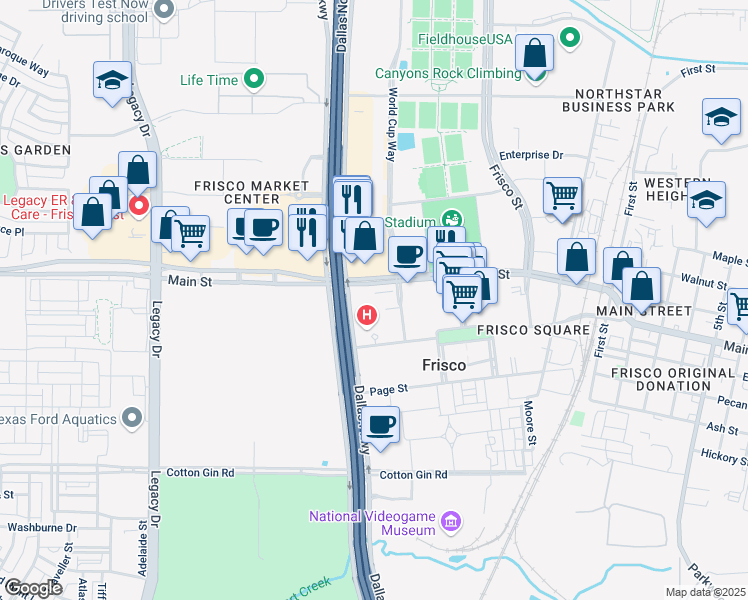 map of restaurants, bars, coffee shops, grocery stores, and more near 5500 Main Street in Frisco