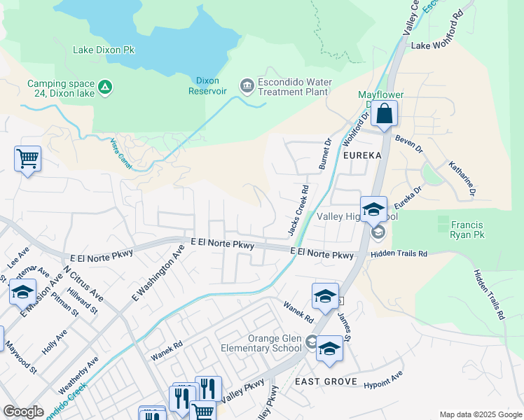 map of restaurants, bars, coffee shops, grocery stores, and more near 612 Oakwood Creek Way in Escondido