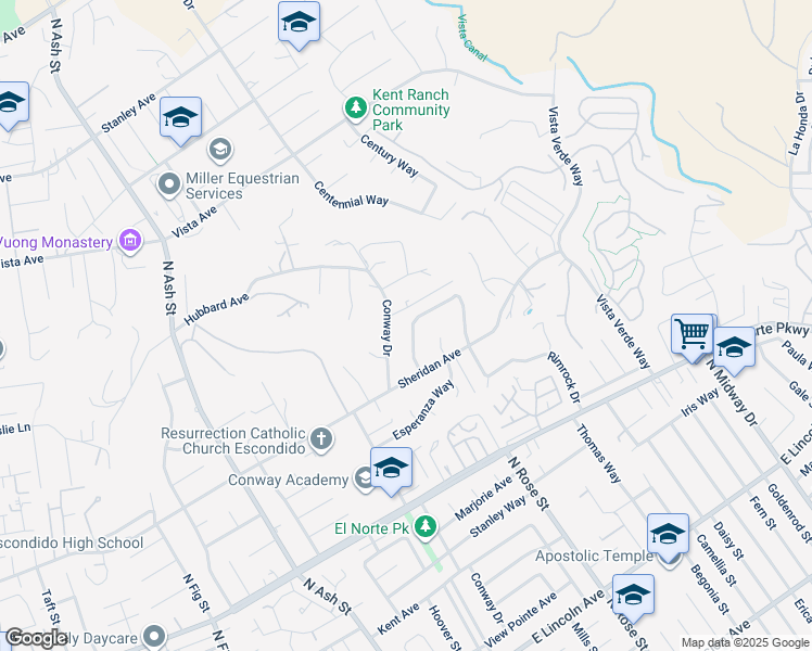 map of restaurants, bars, coffee shops, grocery stores, and more near 1557 Tibidabo Drive in Escondido