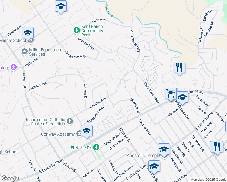 map of restaurants, bars, coffee shops, grocery stores, and more near 1675 Sheridan Avenue in Escondido