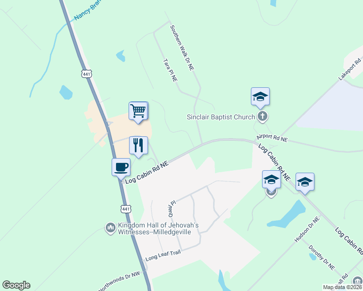 map of restaurants, bars, coffee shops, grocery stores, and more near 136 Log Cabin Road Northeast in Milledgeville