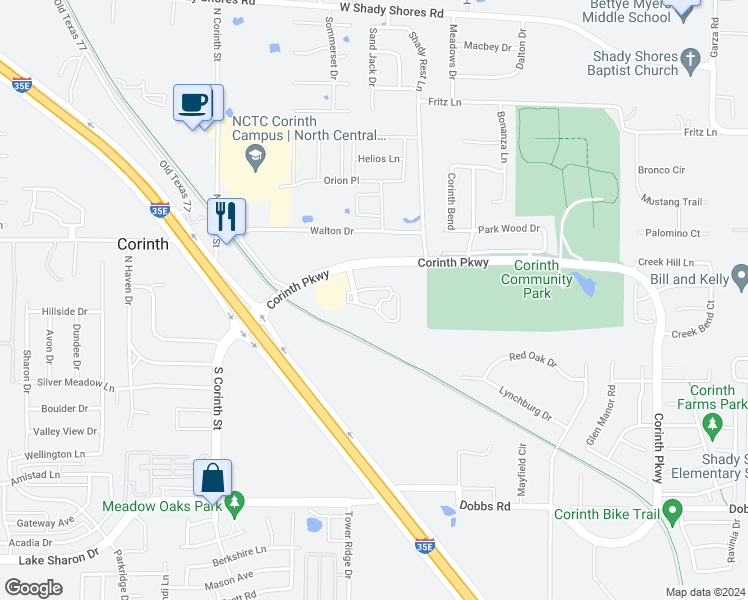 map of restaurants, bars, coffee shops, grocery stores, and more near 3440 Corinth Parkway in Corinth