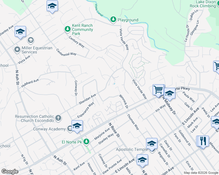 map of restaurants, bars, coffee shops, grocery stores, and more near 1719 Sheridan Avenue in Escondido