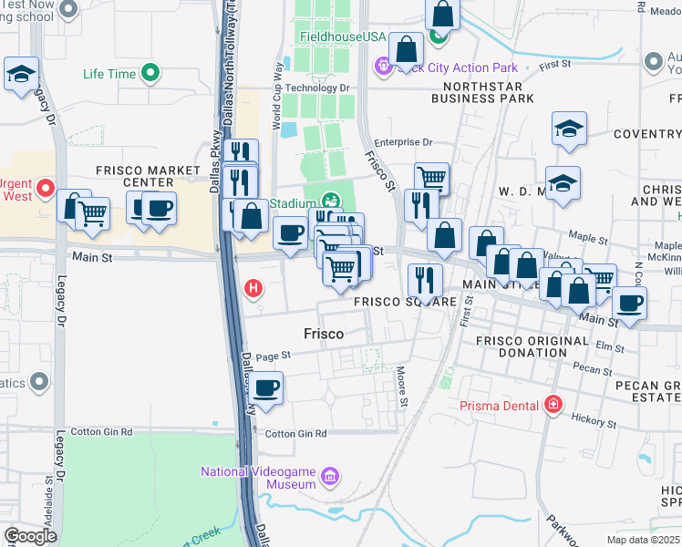 map of restaurants, bars, coffee shops, grocery stores, and more near 8869 Coleman Boulevard in Frisco