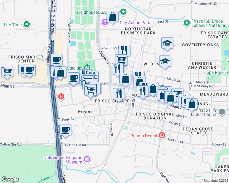 map of restaurants, bars, coffee shops, grocery stores, and more near in Frisco