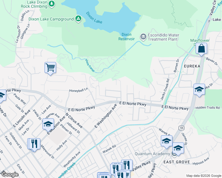 map of restaurants, bars, coffee shops, grocery stores, and more near 2739 Prairiestone Way in Escondido