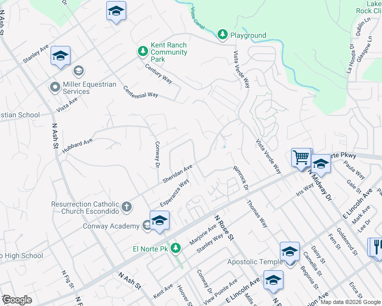 map of restaurants, bars, coffee shops, grocery stores, and more near 1509 Rimrock Drive in Escondido