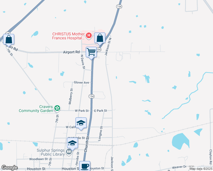 map of restaurants, bars, coffee shops, grocery stores, and more near 1044 Church Street in Sulphur Springs