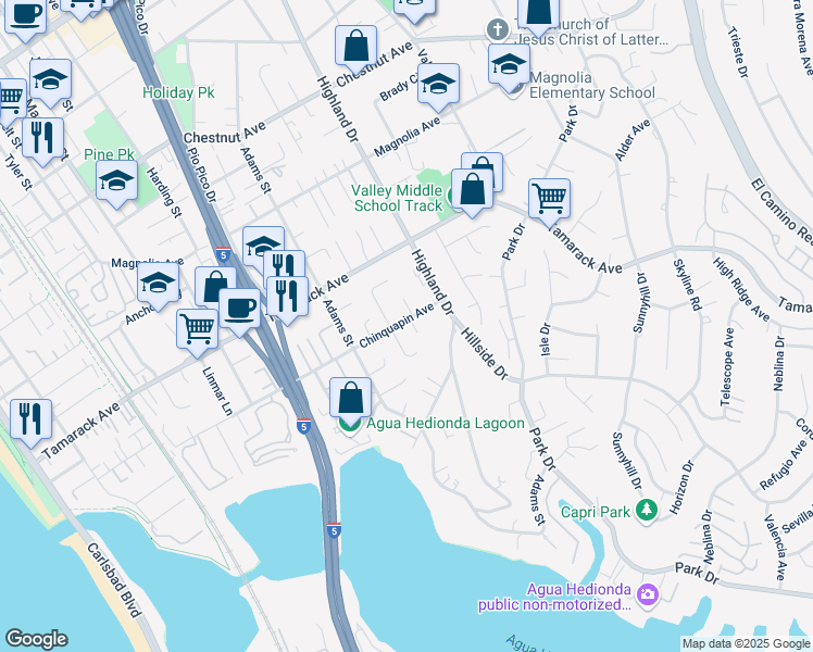 map of restaurants, bars, coffee shops, grocery stores, and more near 4005 Royal Drive in Carlsbad