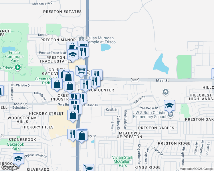 map of restaurants, bars, coffee shops, grocery stores, and more near 8992 Preston Road in Frisco