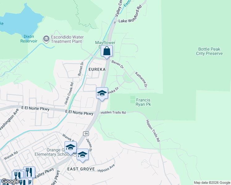 map of restaurants, bars, coffee shops, grocery stores, and more near 477 Eureka Drive in Escondido