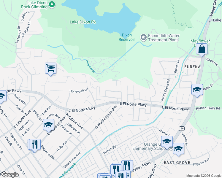 map of restaurants, bars, coffee shops, grocery stores, and more near 2720 Fieldbrook Way in Escondido