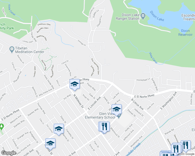 map of restaurants, bars, coffee shops, grocery stores, and more near 1066 Nightingale Place in Escondido