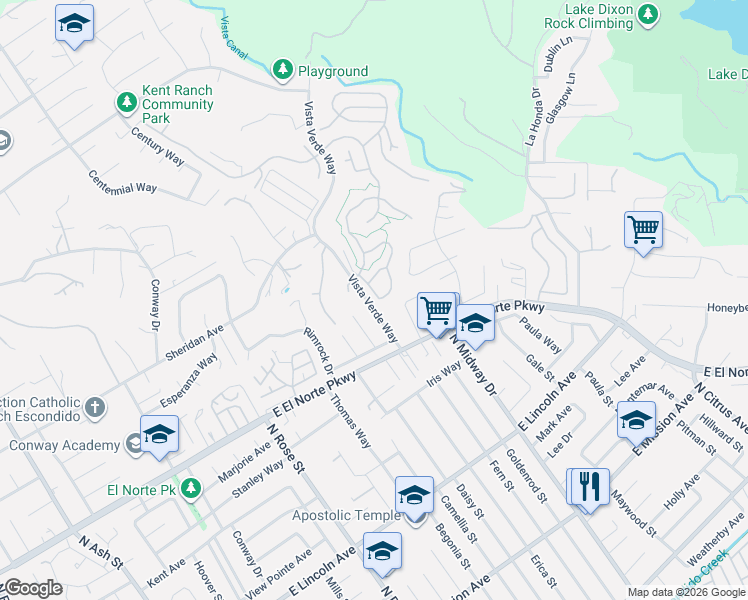 map of restaurants, bars, coffee shops, grocery stores, and more near 1340 Vista Verde Way in Escondido